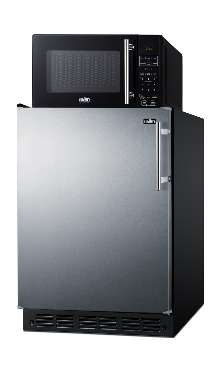 Counter height all-refrigerator with stainless steel door and compact microwave in black with allocator and USB ports for 1-plug operation; ships in three boxes on one pallet